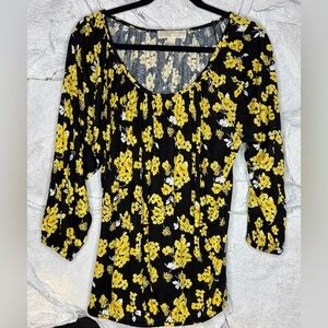 Michael Kors | Women’s Black & Yellow Floral Print Scoop Neck Peasant Top Size L